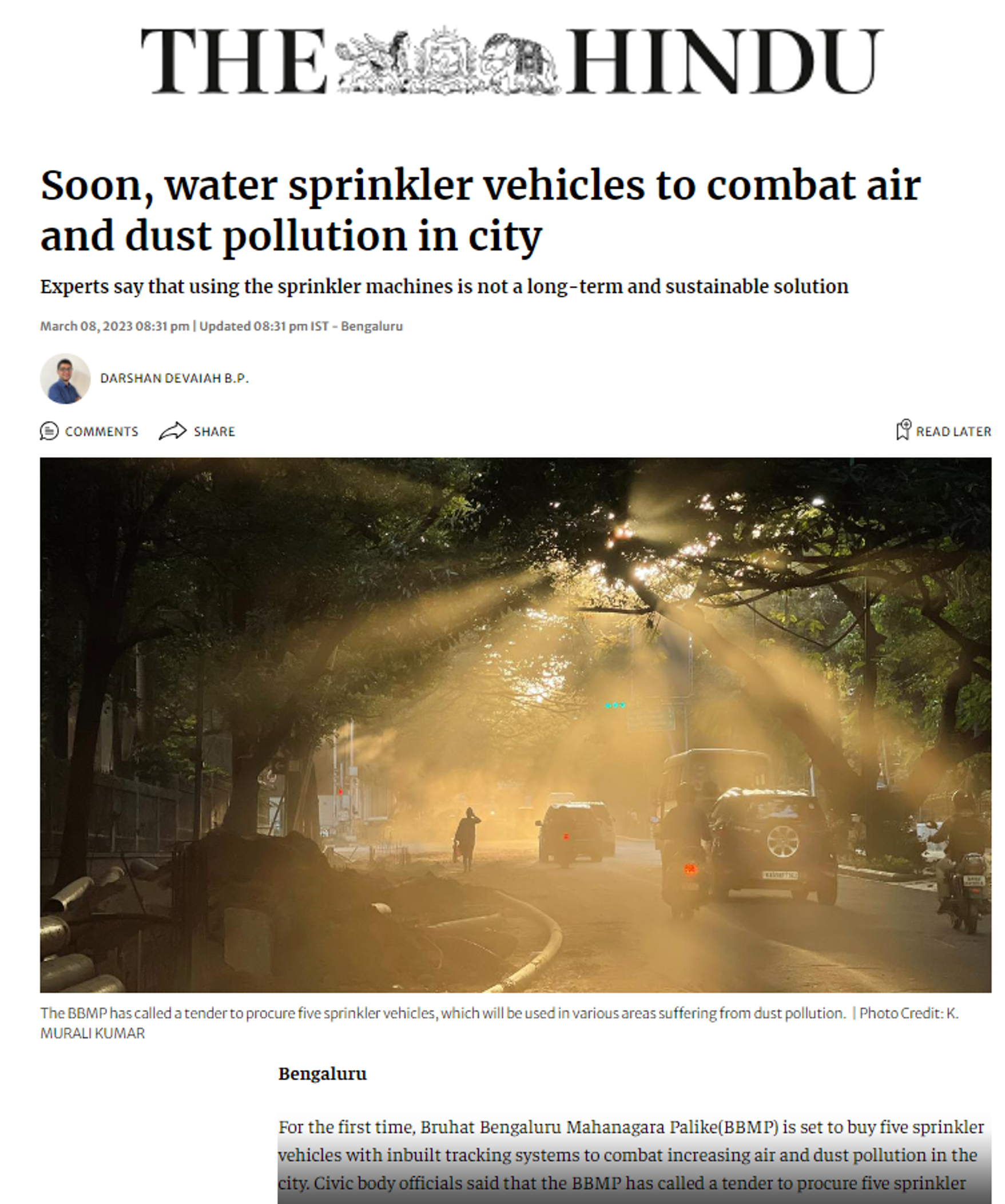 Dr Pratima Singh quoted by The Hindu on the role of water sprinkler machines in combating air and dust pollution